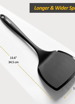 Silicone Pancake Spatula Turner with Lengthened Handle& Seamless Design, Heat Resistant Cooking Spatulas for Nonstick Cookware, Large Flexible Kitchen Utensils, Flipper for Egg, Pancake, Burger, Black
