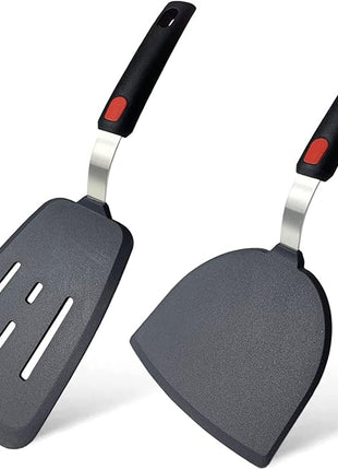 Silicone Spatula Set of 2 for Nonstick Cookware,Tenta Tenta Kitchen Slotted Angle Round Pancake Spatulas 600°F Heat Resistant Classic Rubber Spatula Set For Cooking-Grey/Black
