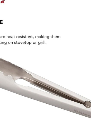 KitchenAid Gourmet Stainless Steel Serving Tongs with Hang Hook and Secure Closing Lock, 9 Inch, Stainless Steel