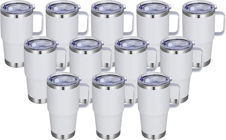 20 oz Stainless Steel Tumbler with Handle Bulk Metal Insulated Tumblers Travel Coffee Mug with Handle Double Wall Tumbler Cup with Lid and Straw, White 12 Pack