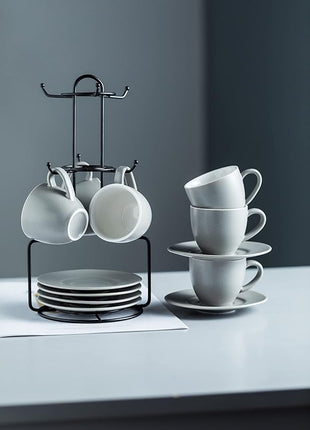 YHOSSEUN Porcelain Espresso Cups Set and Metal Stand 3 OZ Demitasse Cup For Coffee Shot, Mugs for Latte, Cafe Mocha, Cappuccino, and Tea, Serve for 6 Gray