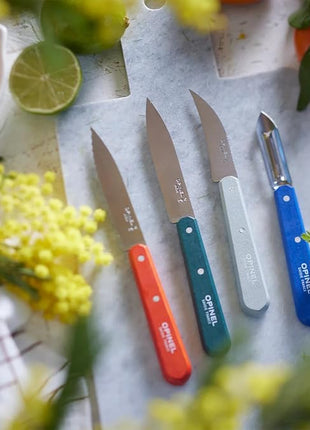 Opinel Les Essentials Small Kitchen 4 Piece Knife Set - Paring Knife, Serrated Knife, Peeler, Vegetable Knife, Corrosion Resistant High Carbon Steel, Made in France (Art Deco)