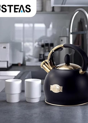 SUSTEAS Stove Top Whistling Tea Kettle - Food Grade Stainless Steel Teakettle Teapot with Cool Touch Ergonomic Handle, With 1 Silicone Pinch Mitt Included, 2.64 Quart(BLACK)