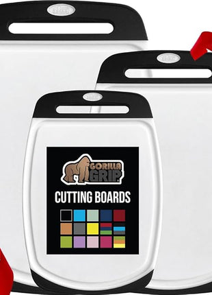 GORILLA GRIP BPA-Free Reversible Kitchen Cutting Board Set of 3, US Designed, Nonporous, Juice Grooves Catch Liquid, Slip Resistant Border, Durable Food Chopping Boards, Holiday Prep Essentials, Black