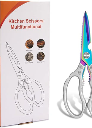CGBE Kitchen Scissors, Multi-Purpose Kitchen Shears, Heavy Duty Dishwasher Safe Food Scissors for Chicken, Poultry, Fish, Meat & Herbs with Non-Slip Grips - Sliver Colorful