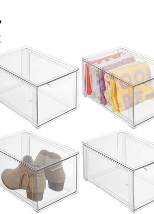 mDesign Plastic Stackable Closet Storage Organizer Bins with Pull Out Drawer for Cabinet, Desk, Shelf, Cupboard, or Dresser Organization - Lumiere Collection - 4 Pack - Clear