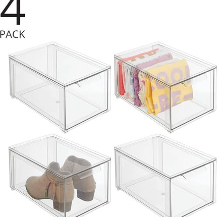 mDesign Plastic Stackable Closet Storage Organizer Bins with Pull Out Drawer for Cabinet, Desk, Shelf, Cupboard, or Dresser Organization - Lumiere Collection - 4 Pack - Clear