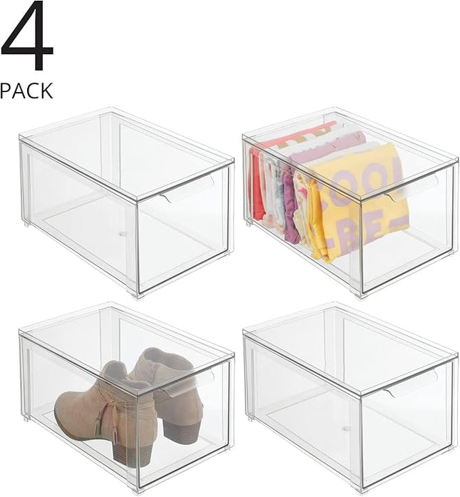 mDesign Plastic Stackable Closet Storage Organizer Bins with Pull Out Drawer for Cabinet, Desk, Shelf, Cupboard, or Dresser Organization - Lumiere Collection - 4 Pack - Clear
