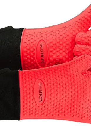 GEEKHOM BBQ Gloves Heat Resistant Oven Mitts - Silicone Grilling Gloves with 14" Long Arm Protection - Waterproof Pot Holder Non-Slip for Men & Women, Kitchen Cooking, Baking, Camping, Red