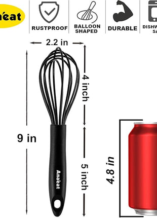 Anaeat 9" Silicone Balloon Whisk, Perfect for Non-Stick Cookware, Milk and Egg Beater Blender, Heat Resistant Kitchen Whisks for Whisking, Cooking, Baking, Beating, Frothing & Stirring (Black)