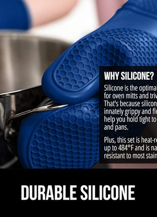 GORILLA GRIP BPA-Free Soft Silicone Oven Mitts and Pot Holders Sets of 4, Heat Resistant Waterproof Cooking Gloves, Thick Cotton Lining, Flexible Gripping for Baking Grilling, Kitchen Trivets, Blue