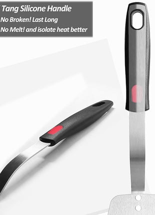 Stainless Steel Flexible Spatula Slotted Turner, XiaoZu Thin Metal Spatula for Cast Iron Skillet, Thin Blade and Heat Resistant Silicone Handle, Great for Egg, Cookie, Meat, Crep, Medium + Large