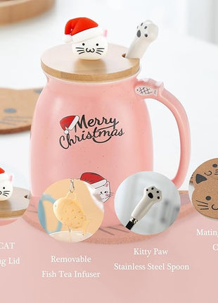 BigNoseDeer Christmas Mugs Kawaii Ceramic Cat Mug Tea Cup Cute Mugs Coffee Mug with Lid Spoon Tea Mug Christmas Gifts for Women 13oz