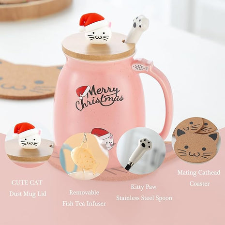 BigNoseDeer Christmas Mugs Kawaii Ceramic Cat Mug Tea Cup Cute Mugs Coffee Mug with Lid Spoon Tea Mug Christmas Gifts for Women 13oz