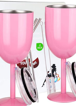 AMZUShome Stainless Steel Wine Glasses(2 Pack).Double Walled Vacuum Insulated Wine Tumbler Cups With Lid and Straw.Friendship,Christmas,Birthday Gifts for Women Men Friends Dad Mom(10oz Light Pink)