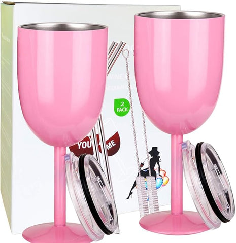 AMZUShome Stainless Steel Wine Glasses(2 Pack).Double Walled Vacuum Insulated Wine Tumbler Cups With Lid and Straw.Friendship,Christmas,Birthday Gifts for Women Men Friends Dad Mom(10oz Light Pink)