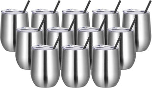 VEGOND Wine Tumblers Bulk 12 Pack, 12oz Stainless Steel Stemless Wine Glass with Lids and Straws, Double Wall Vacuum Insulated Tumbler Cup, Coffee Mug for Cold Hot Drinks