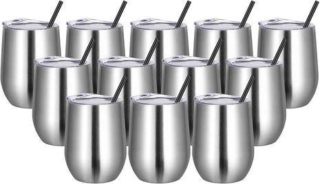 VEGOND Wine Tumblers Bulk 12 Pack, 12oz Stainless Steel Stemless Wine Glass with Lids and Straws, Double Wall Vacuum Insulated Tumbler Cup, Coffee Mug for Cold Hot Drinks