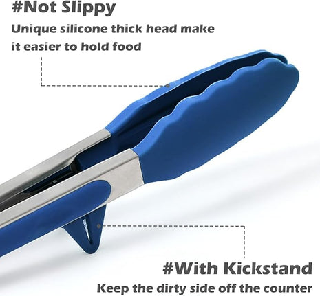Kitchen Tongs, 9 Inch Tongs for Cooking with Silicone Tips, Food Grade Small Silicone Tongs, Mini Serving Tongs for Nonstick Pans, BBQ, Salad, Set of 3, Blue