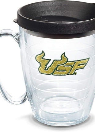 Tervis Made in USA Double Walled University of South Florida Bulls Insulated Tumbler Cup Keeps Drinks Cold & Hot, 16oz Mug - Black Lid, Primary Logo