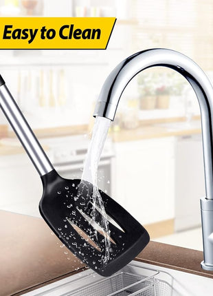 Pack of 2 Silicone Solid Turner, Non Stick Slotted Kitchen Spatulas, High Heat Resistant BPA Free Cooking Utensils, Ideal Cookware for Fish, Eggs, Pancakes(Black)