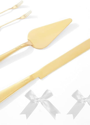 Wedding Cake Cutting Set, Elegant Wedding Cake Knife and Server Set with Thick Stainless Steel Wide Handle, Cake Cutting Set for Wedding Anniversary Christmas, Cake Cutter, 2 Cute Forks and Bows, Gold