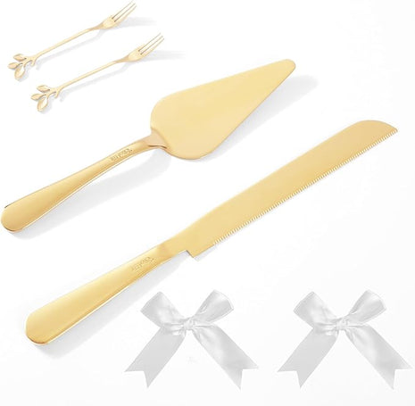 Wedding Cake Cutting Set, Elegant Wedding Cake Knife and Server Set with Thick Stainless Steel Wide Handle, Cake Cutting Set for Wedding Anniversary Christmas, Cake Cutter, 2 Cute Forks and Bows, Gold