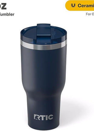 RTIC 40oz Essential Tumbler with Lid, Ceramic Lined, Insulated, Stainless Steel, Metal, Double Wall Vacuum-Insulation, Travel Cup for Iced Coffee, Tea, Hot and Cold Drink, Navy