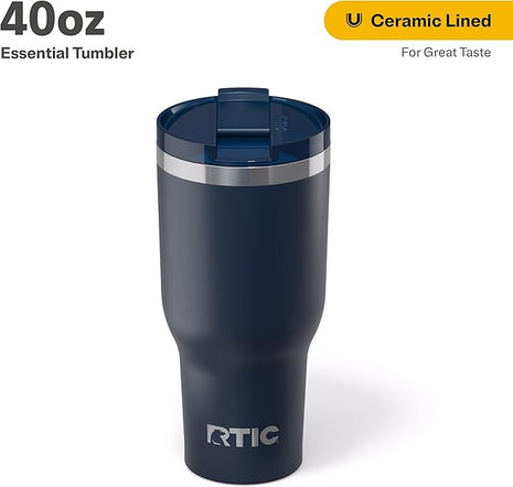 RTIC 40oz Essential Tumbler with Lid, Ceramic Lined, Insulated, Stainless Steel, Metal, Double Wall Vacuum-Insulation, Travel Cup for Iced Coffee, Tea, Hot and Cold Drink, Navy