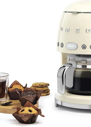 Smeg 50's Retro Style Aesthetic Drip Coffee Machine with 10 Cup Glass Carafe, Auto Start Feature, Keep Warm Plate, and Two Coffee Strength Settings (Cream)