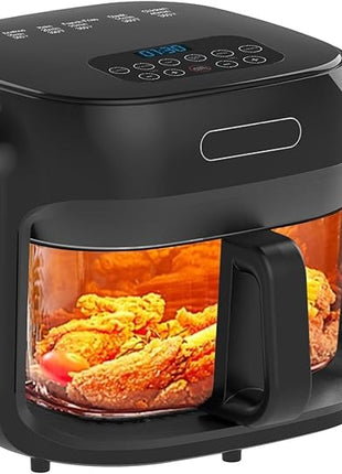 Glass Air Fryer, 7.5QT with Transparent Fry Bowl, Circulating Heating, Temperature Control, Air Fryer Roast, Dishwasher Safe (Black)