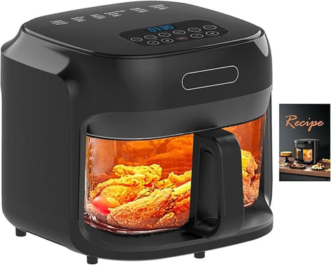Glass Air Fryer, 7.5QT with Transparent Fry Bowl, Circulating Heating, Temperature Control, Air Fryer Roast, Dishwasher Safe (Black)