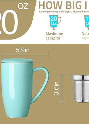 Sweejar Porcelain Tea Infuser Mug with Lid, 20 oz Teacup with Strainers for Loose Leaf Tea, Microwave and Dishwasher Safe Coffee Mug(Turquoise)