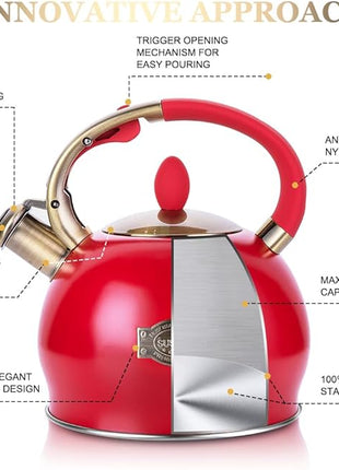 SUSTEAS Stove Top Whistling Tea Kettle - Food Grade Stainless Steel Teakettle Teapot with Cool Touch Ergonomic Handle, With 1 Silicone Pinch Mitt Included, 2.64 Quart(RED)
