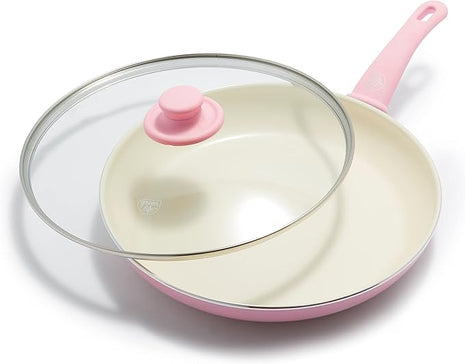 GreenLife Soft Grip Healthy Ceramic Nonstick, 12" Frying Pan Skillet with Lid, PFAS-Free, Dishwasher Safe, Pink