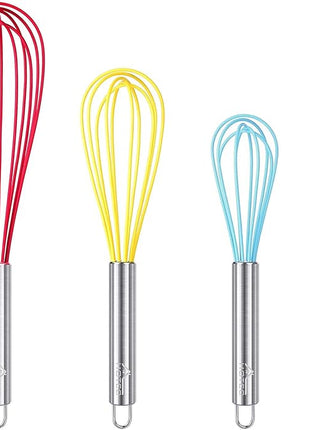 HOTEC 4 Pieces Silicone Whisks Set, Wire Balloon Whisks Egg Beater, Non-slip Handle Whisk for Non-stick Cookware Perfect for Cooking, Stirring, Beating and Blending (Multicolor)