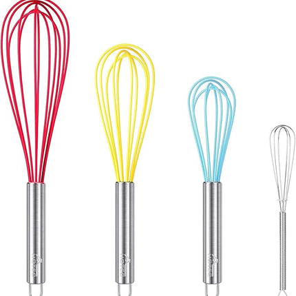 HOTEC 4 Pieces Silicone Whisks Set, Wire Balloon Whisks Egg Beater, Non-slip Handle Whisk for Non-stick Cookware Perfect for Cooking, Stirring, Beating and Blending (Multicolor)