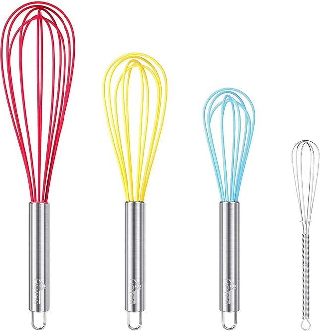 HOTEC 4 Pieces Silicone Whisks Set, Wire Balloon Whisks Egg Beater, Non-slip Handle Whisk for Non-stick Cookware Perfect for Cooking, Stirring, Beating and Blending (Multicolor)
