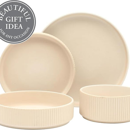 Gibson Elite Deerfield 16-Piece Stoneware Dinnerware Set – Cream White Reactive Glaze Plates and Bowls, Stackable Design, Service for 4 – Dishwasher & Microwave Safe