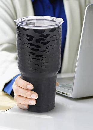 D·S 30oz Black Leopard Tumbler Stainless Steel Insulated Travel Mug with Straw Lid Cleaning Brush