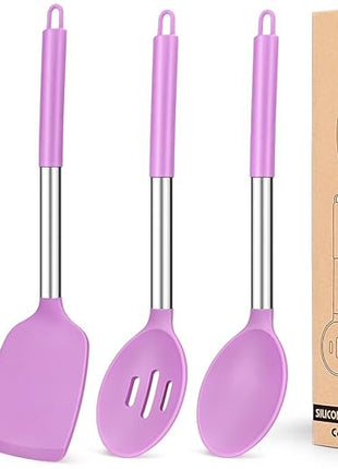 Pack of 4 Silicone Cooking Utensils Set, Non Stick Large Solid Spatulas, Heat Resistant Purple Slotted Spoons, Ideal BPA Free Kitchen Turners for Frying, Mixing,Serving,Draining,Turning,Stirring
