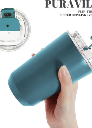 Puraville Insulated Tumblers with Lid, 14 oz Travel Coffee Mug Stainless Steel Vacuum Cup, Leak Proof Reusable Double Walled Coffee Tumbler for Iced and Hot Drinks, Peacock Blue