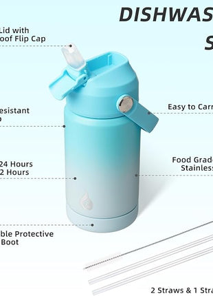 BJPKPK Insulated Water Bottle with Straw Lid, 12oz Thermo Water Bottles, Flex Handle & Non-slip Boot, BPA Free Leak Proof Stainless Steel Metal Thermo, Tumblers, Cups, Sea Salt