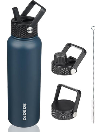 BJPKPK Insulated Water Bottles with Straw Lid, 40oz Stainless Steel Water Bottles with 3 Lids, BPA Free Leakproof Thermo, Tumblers, Cups for Sports, Gym- Navy Blue