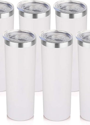 HASLE OUTFITTERS 20 oz Skinny Tumblers Bulk Set, Stainless Steel Insulated Slim Tumblers with Lids, Reusable Double Wall Travel Coffee Mugs, Durable Powder Coated Travel Water Cups(White, 8)