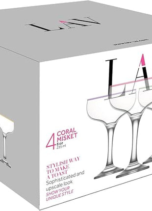 LAV Lead-Free Colorful Coupe Cocktail Glasses 8 oz Champagne Glass with Colored, Cleared Rims - Manhattan, Martini Glasses, Cocktails, Barware, Home, Restaurant, Birthday, Wedding Parties | Set of 4