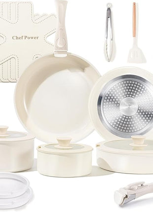 Chef Power Ceramic Cookware Set Non Toxic with Detachable Handles, Healthy Nonstick Pans and Pots Set 19 Pcs, Induction Dishwasher Oven Safe Kitchen Set, PFAS PFOA & PTFE Free, Cream White