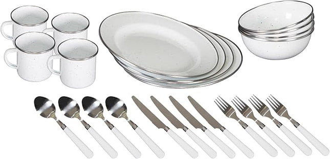 Stansport Deluxe 24-Piece Enamel Tableware Set - Enamel Plates and Bowls Lightweight and Durable Camp Dish Set for Camping and Backpacking Plates and Bowls for 4 People