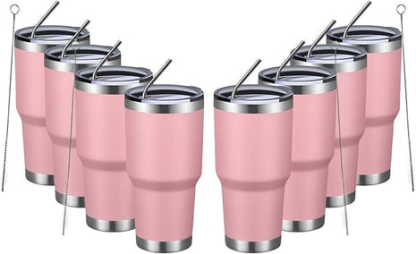 MEWAY 30oz Insulated Tumbler With Lids and Straws,Stainless Steel Double Vacuum Coffee Tumbler Cup, Brush, Durable Powder Coated Coffee Cup for Cold & Hot Drinks, Office, Travel(Pink,8 PACK)