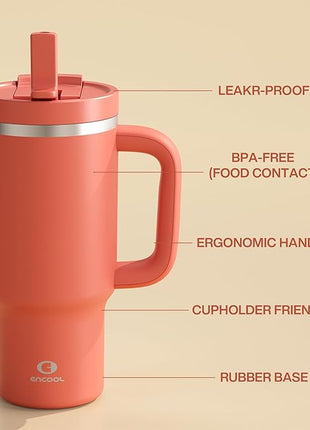 ENCOOL 32 oz Tumbler with Handle and Straw: Stainless Steel Insulated Tumbler Keeps Cold for 24 Hours, Leakproof Travel Cup Fits in Cup Holder and BPA-Free,Tawny Orange
